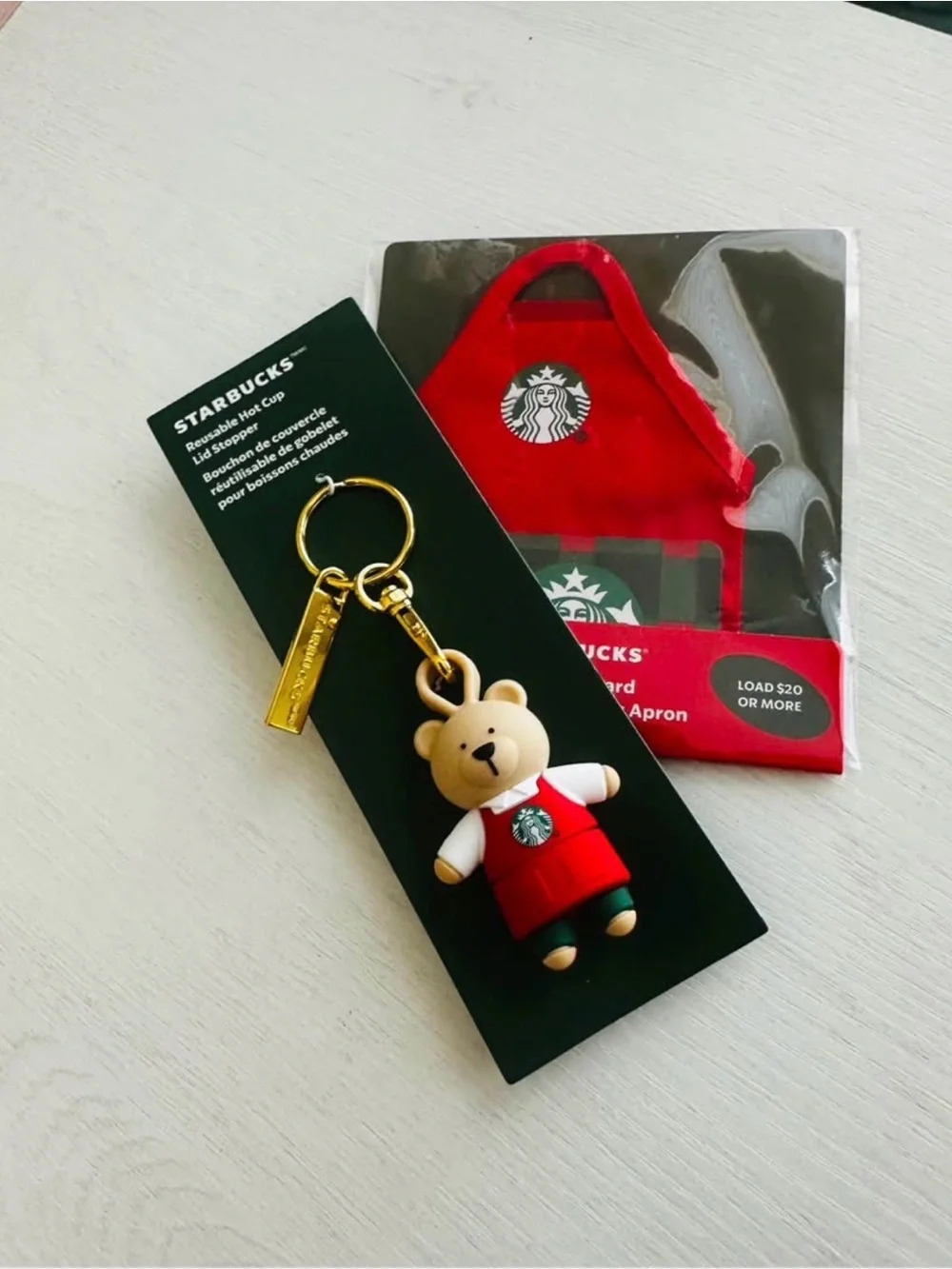 Starbucks Red and Green Bear Keychain with Gold Hardware
